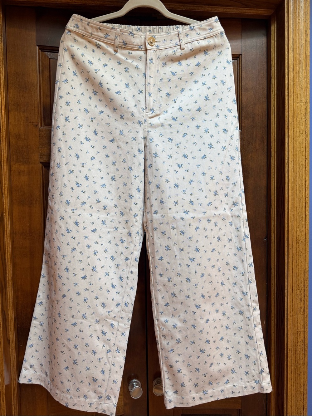 NWOT, TALULAH Ivory Wide-Leg Pants with Blue Floral Print, Size Large